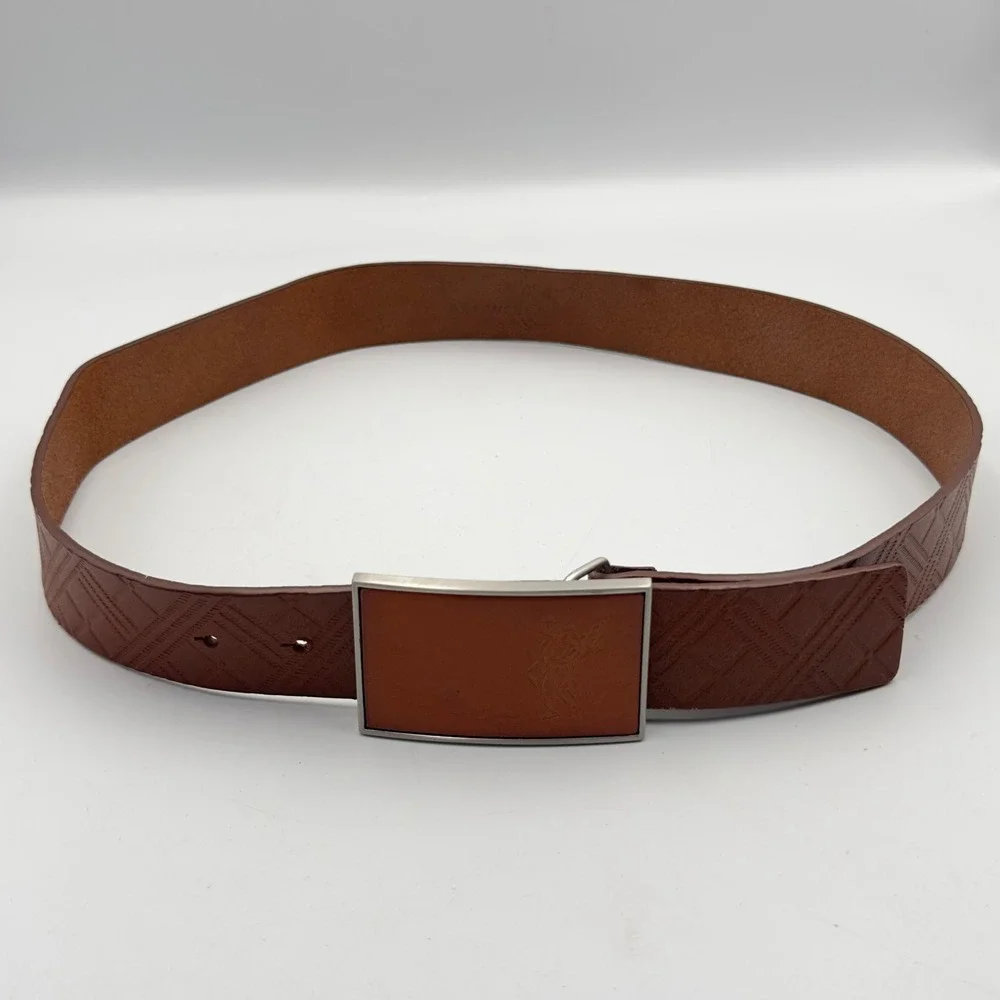 Ashworth Mens Brown Full Grain Leather Golf Belt Embossed Plaque Buckle Size 32